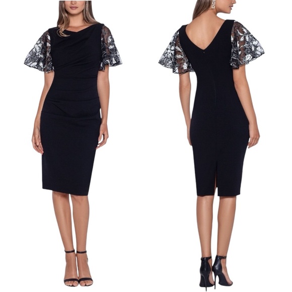 Betsy & Adam Dresses & Skirts - BETSY & ADAM Formal Sheath Dress Black Ruched Scuba Crepe Mesh Flutter S…